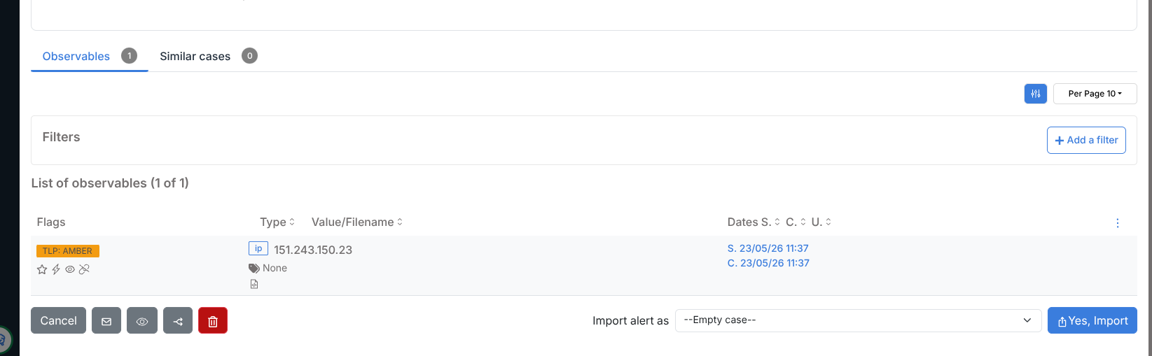 Alert Preview panel bottom showing Observables tab, Similar cases tab, observable list, Import alert as dropdown, and Yes Import button