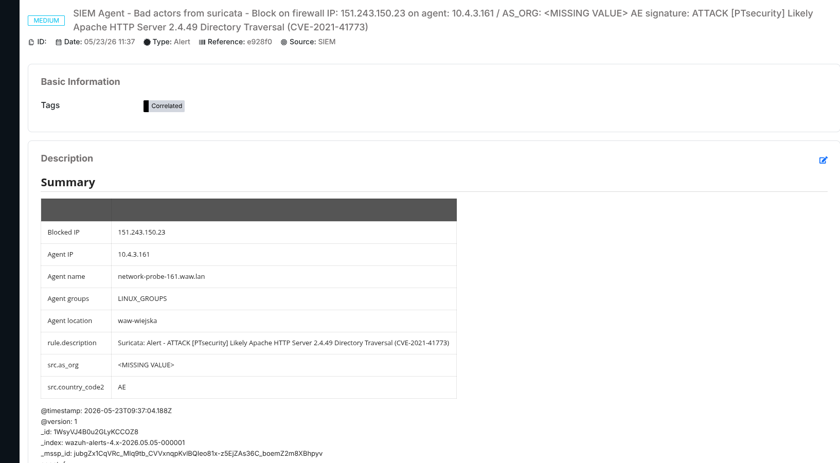 Alert Preview panel showing header, Basic Information (tags), and Description with summary table