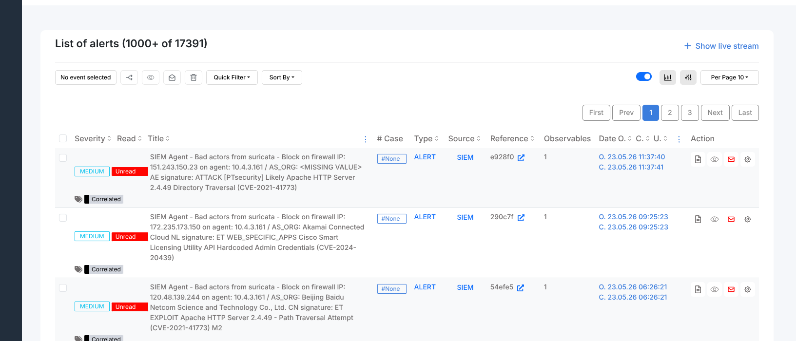 Alert list showing severity, read status, title, case number, type, source, reference, observables, and date columns