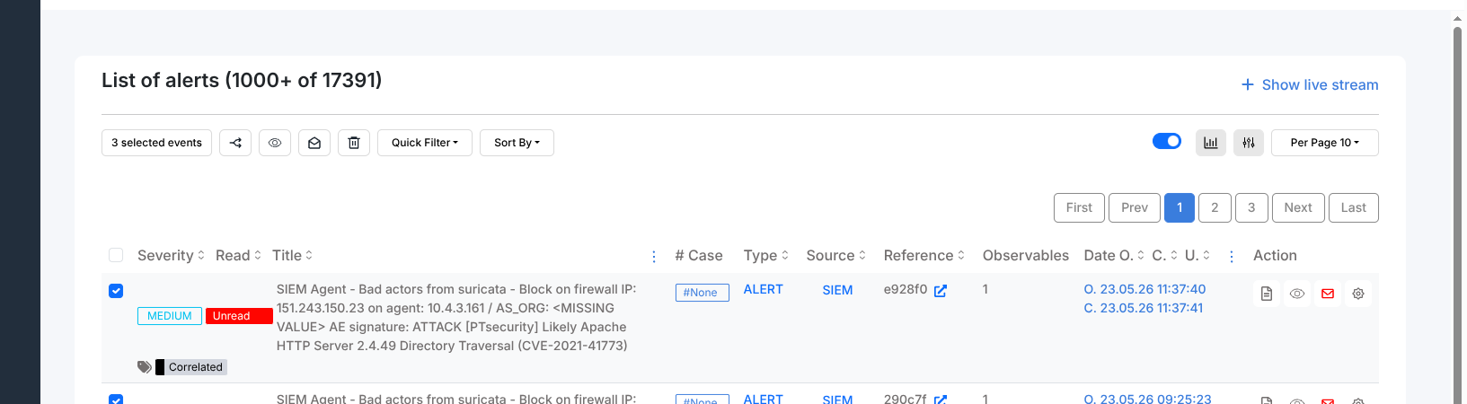 Alert list with 3 selected events, showing bulk action toolbar with share, mark as read, email, and delete buttons