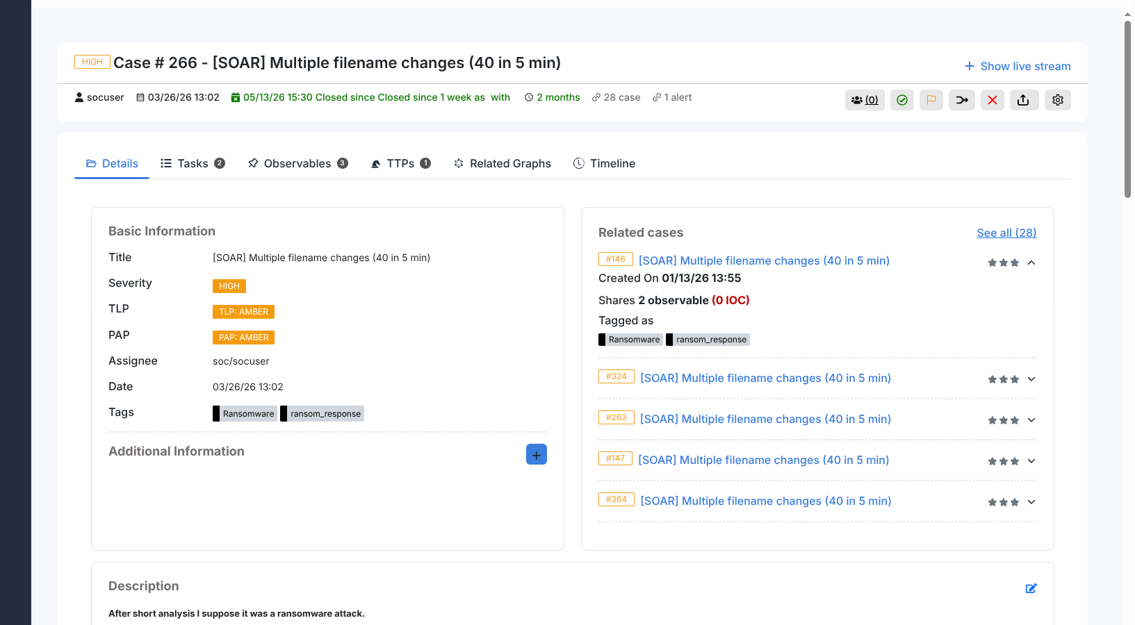 Case detail page showing header with severity and status, tabs (Details, Tasks, Observables, TTPs, Related Graphs, Timeline), and the Details tab with Basic Information and Related cases