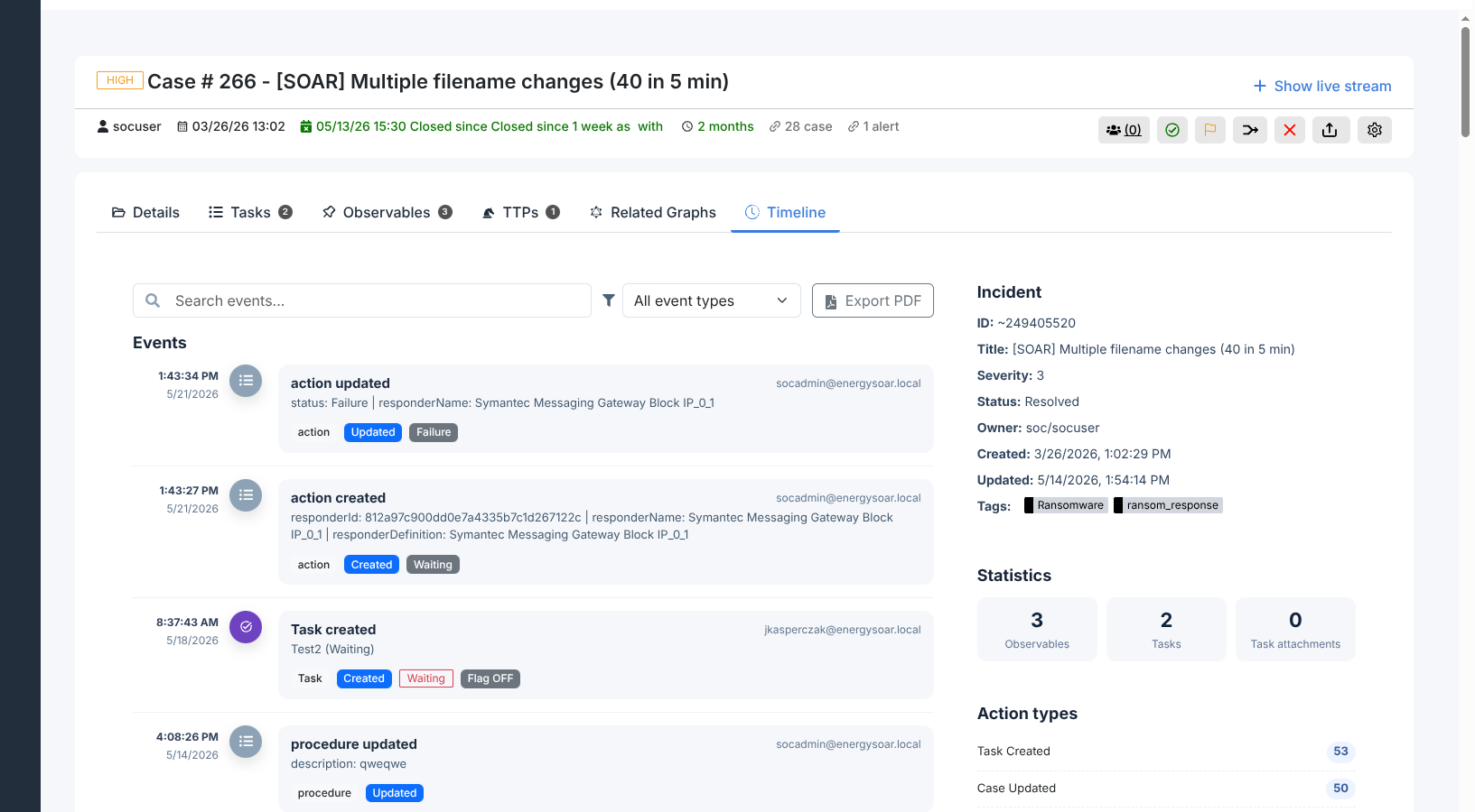 Timeline tab showing events list with search and filter controls, and a right panel with incident metadata and statistics