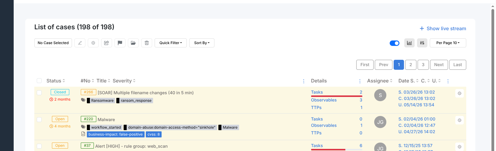 Cases list showing status, case number, title, severity, task/observable/TTP counts, assignee, and date columns