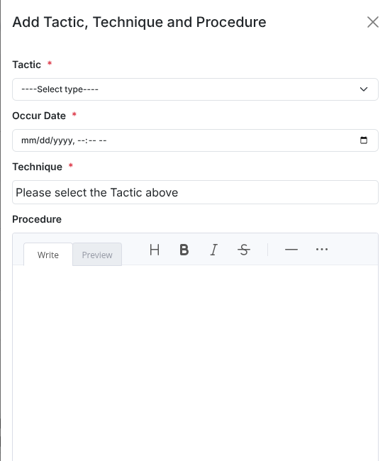 Add Tactic, Technique and Procedure panel