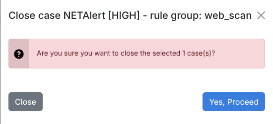 Close case panel showing the confirmation question and Yes Proceed button