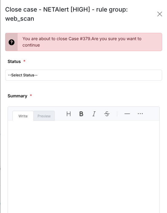 Close case final panel showing Status dropdown and Summary rich text editor