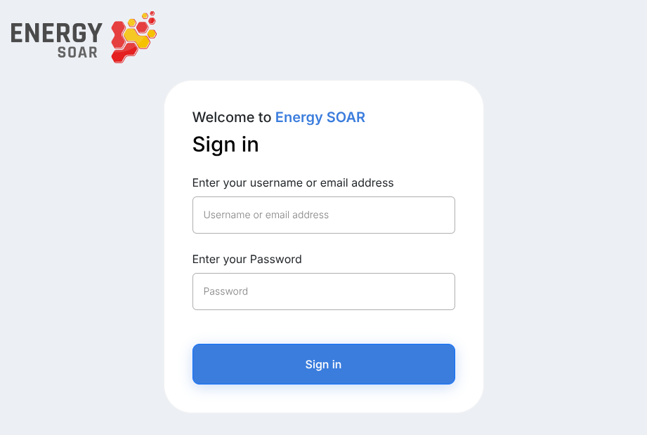 Energy SOAR login page showing the Sign in form with username and password fields and a Sign in button