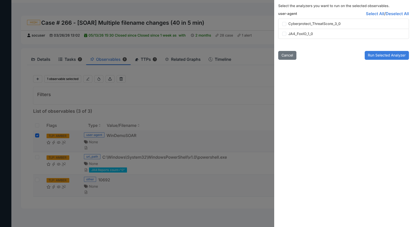 Run Analyzers dialog showing analyzer list grouped by observable type with Select All and Run Selected Analyzer buttons