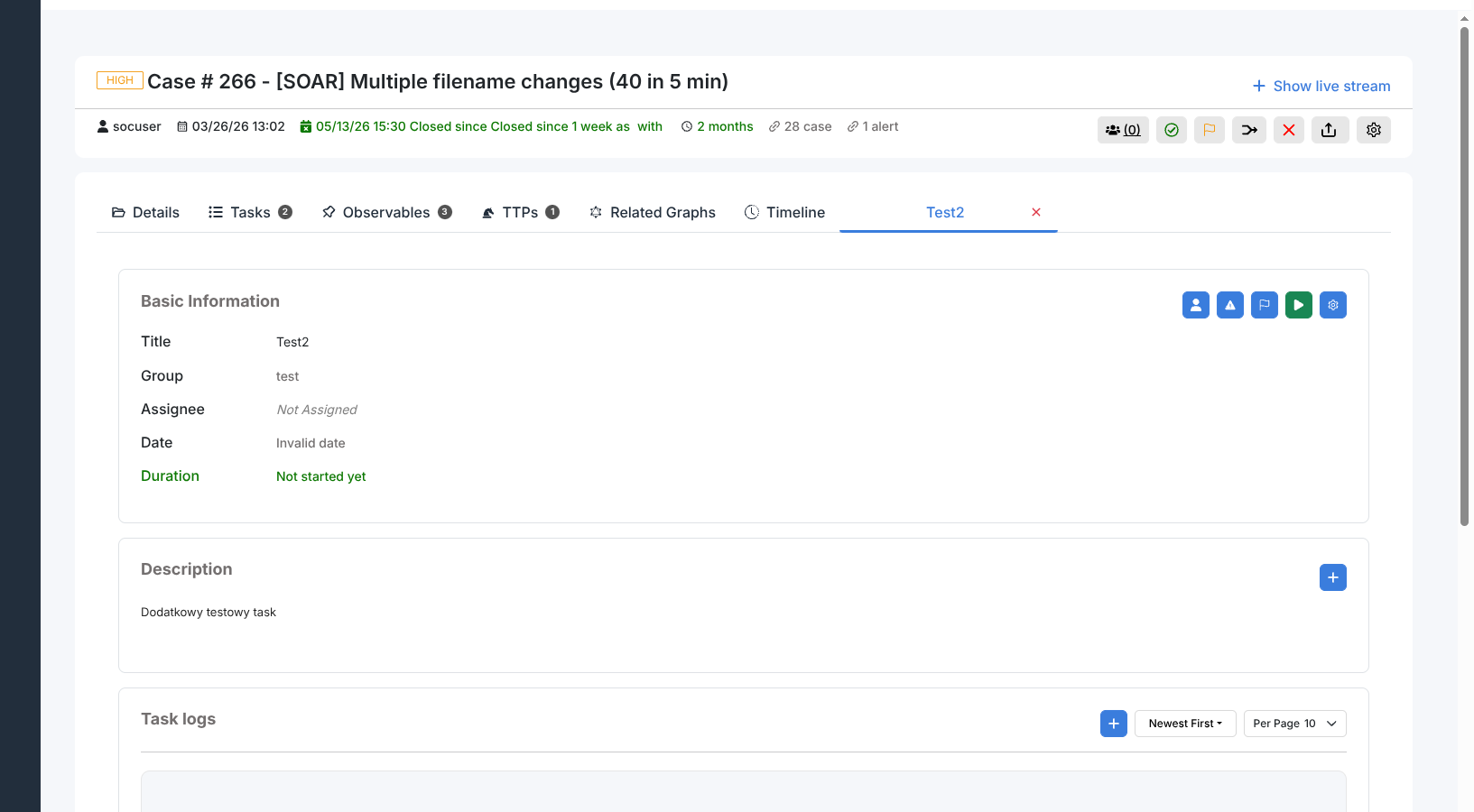 Task detail view showing Basic Information (title, group, assignee, date, duration), Description, and Task logs sections