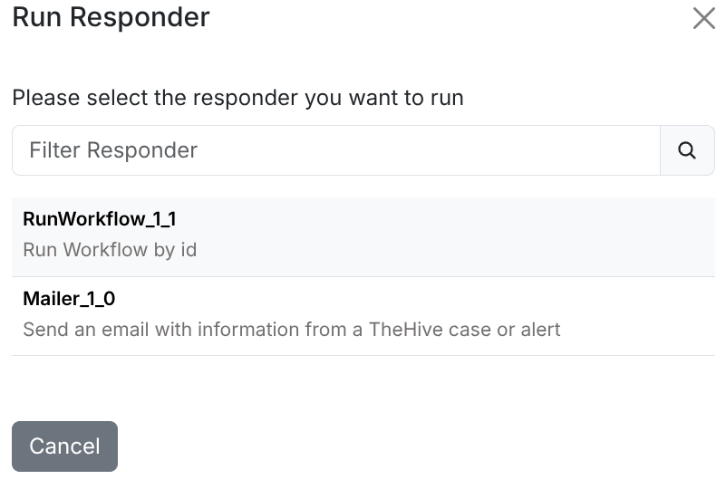 Run Responder panel listing the RunWorkflow responder, described as Run Workflow by id